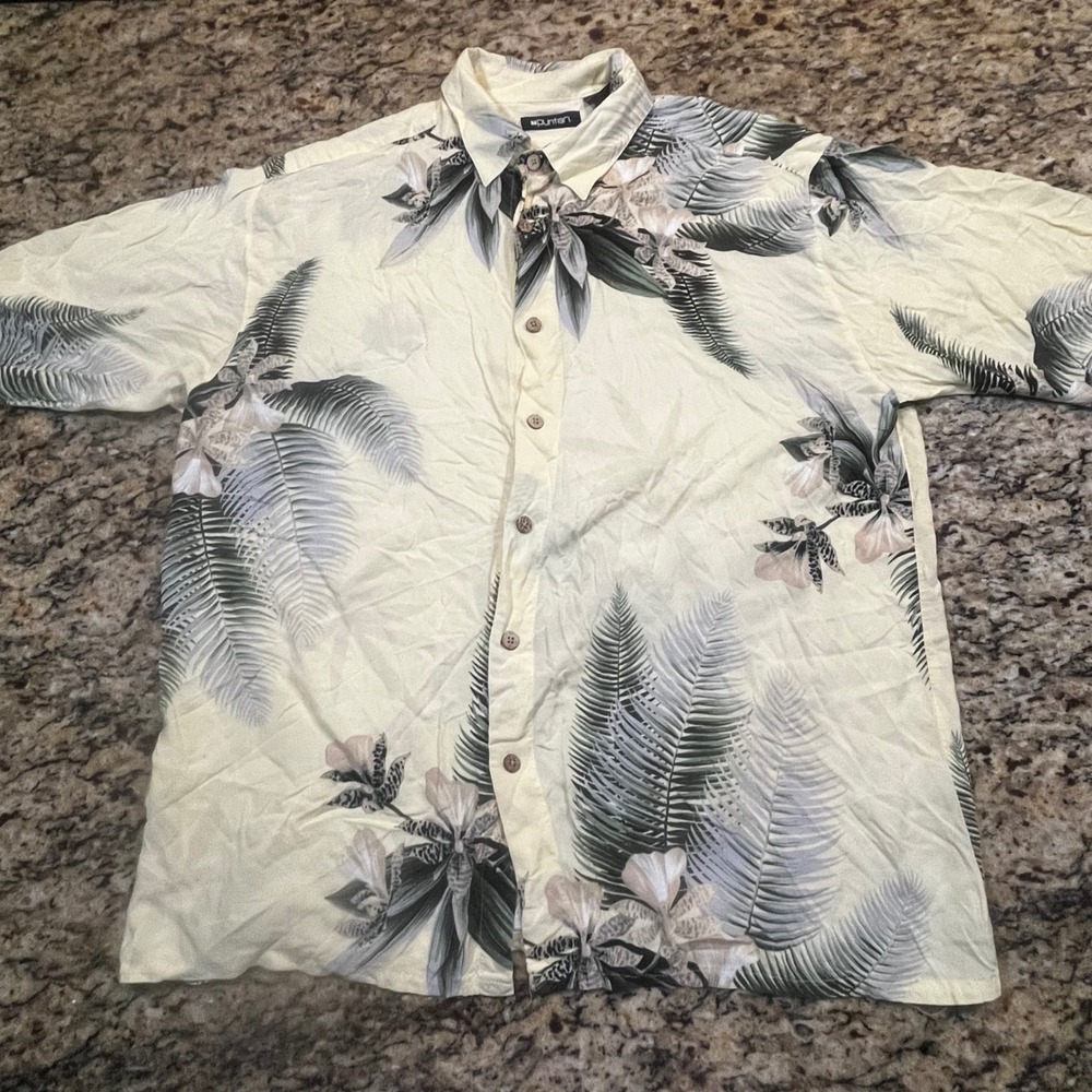 Puritan Mens Large Yellow Tropical Palm Floral Rayon Button Down Camp‎ Shirt L